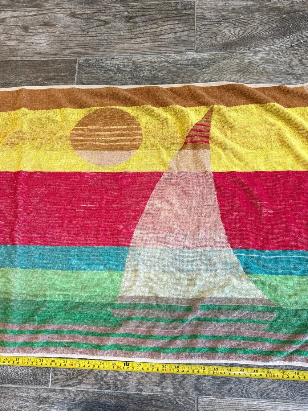 Vtg 70s Ocean Tide Rainbow Beach Towel Retro Boho Floral Psychedelic Terry Cloth